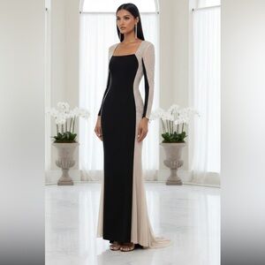 XSCAPE Caviar Beaded Mesh Panel Contrast Matte Square Neck Sheath 6 NWT